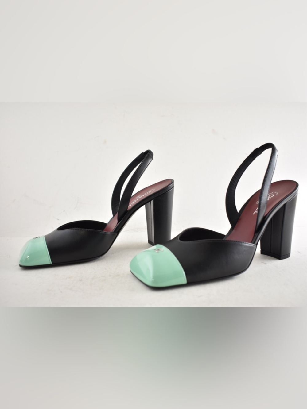 Chanel 26S Blazy Black Mint Green Square CC Sling Slingback Block Heel Pump 37.5 - Picture 14 of 16